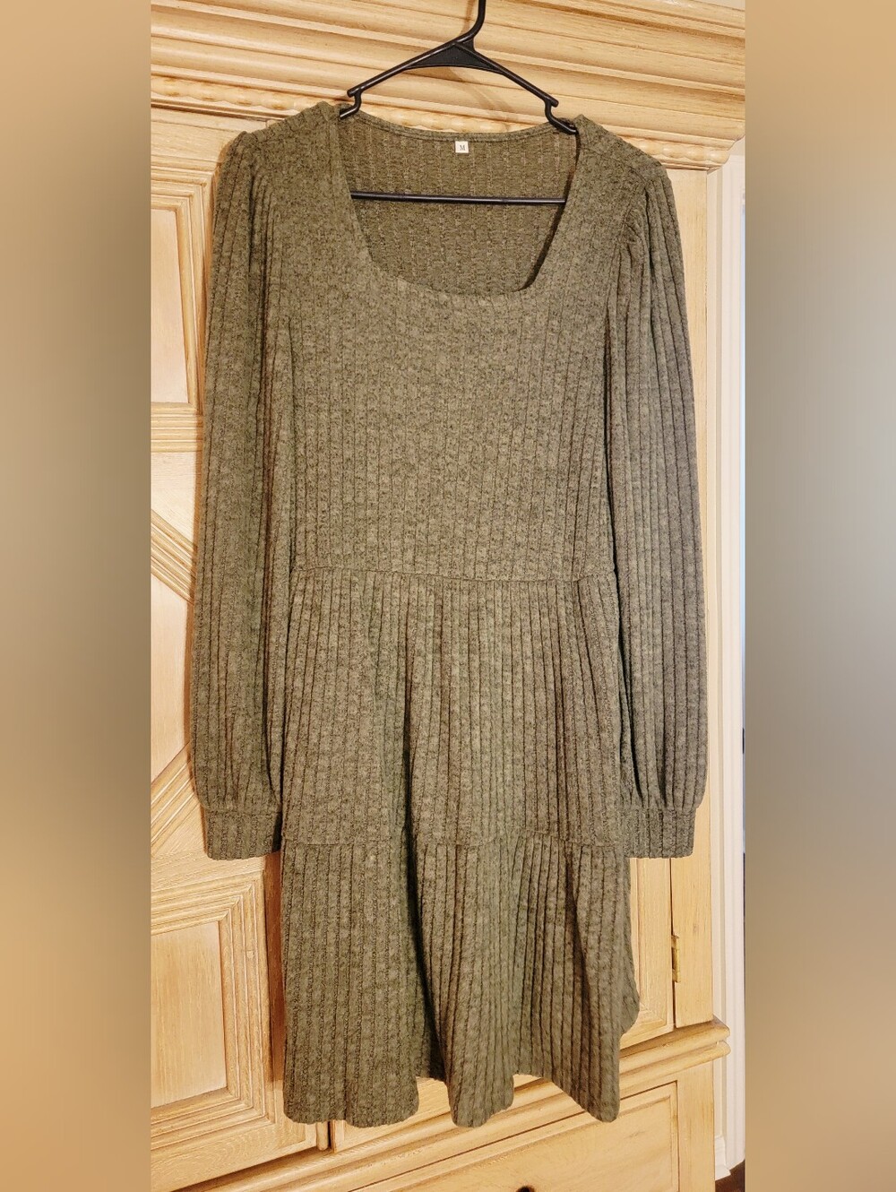 Olive Ribbed Knit Long Sleeve Dress